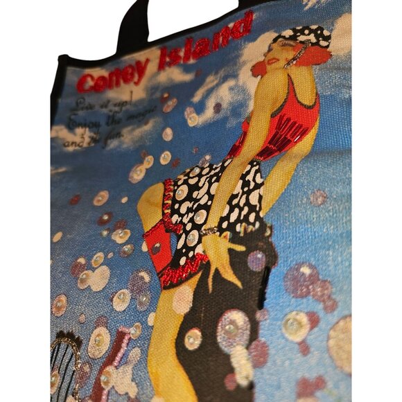Vintage Coney Island Tote Bag With Retro Print & Sequin Accents EUC - Picture 12 of 16